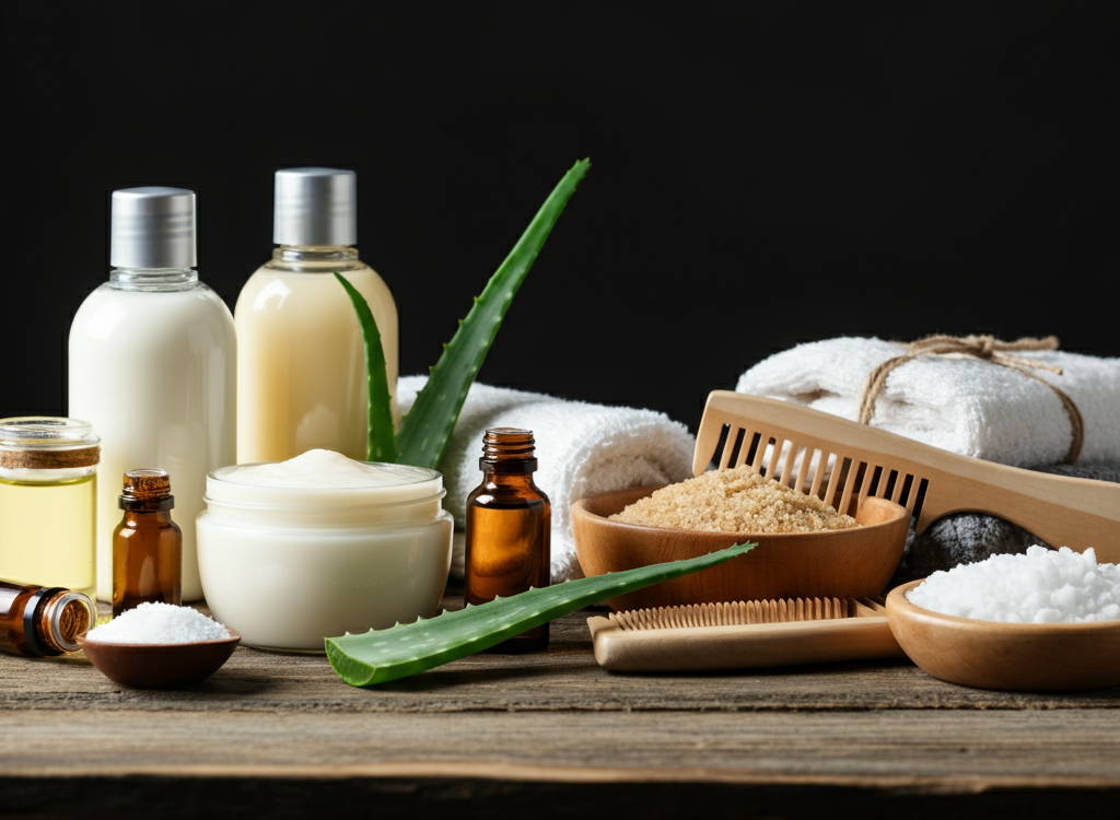 Natural hair care products arranged in a spa-like setting, showcasing conditioner bottles, aloe vera, and essential oils on a wooden surface.