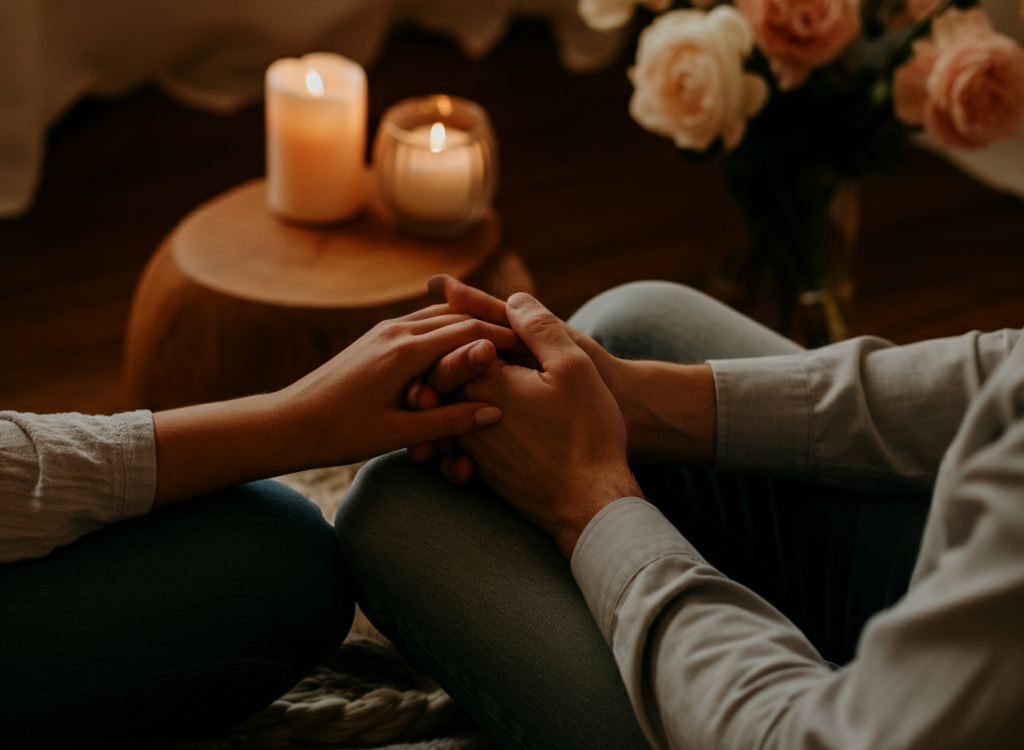 A serene and elegant depiction of intimacy and connection, featuring a couple holding hands with a warm, modern background.