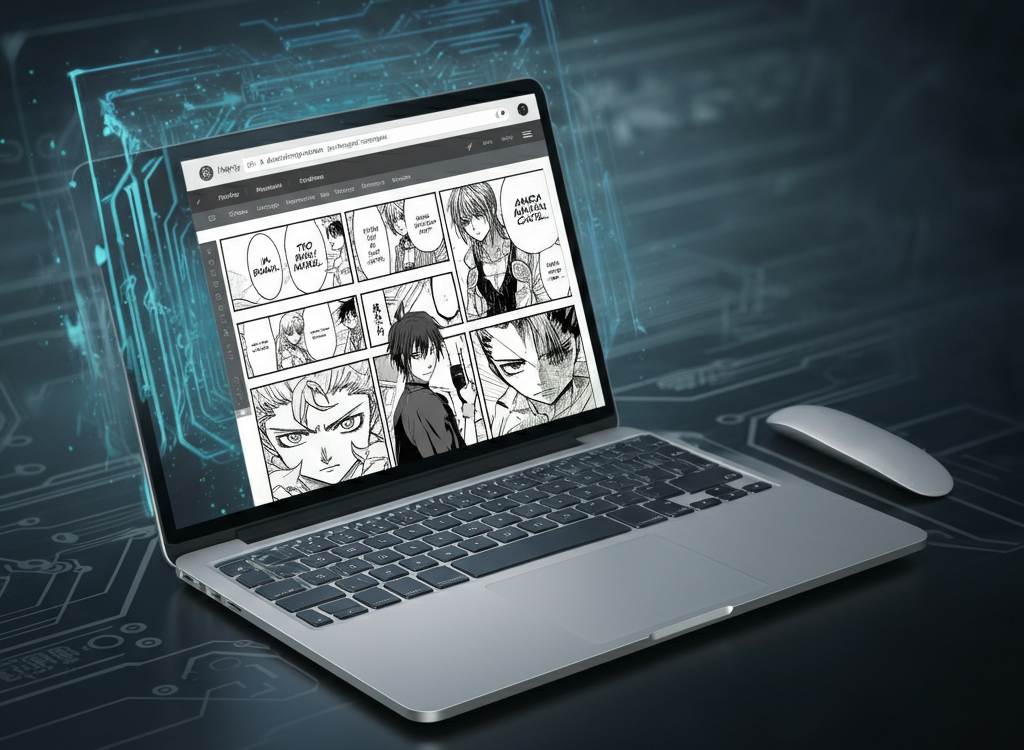 Digital manga library with vibrant colors and a global community vibe.